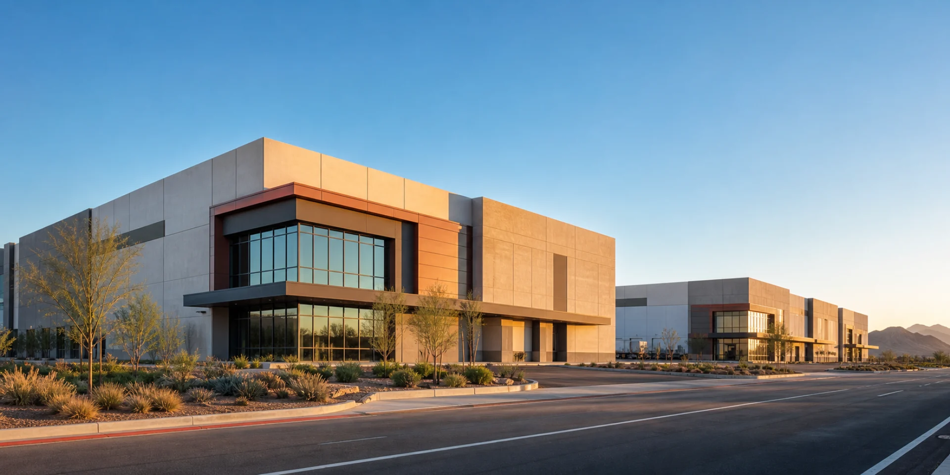 Industrial logistics campus used in the fictional Copperline Commercial website concept